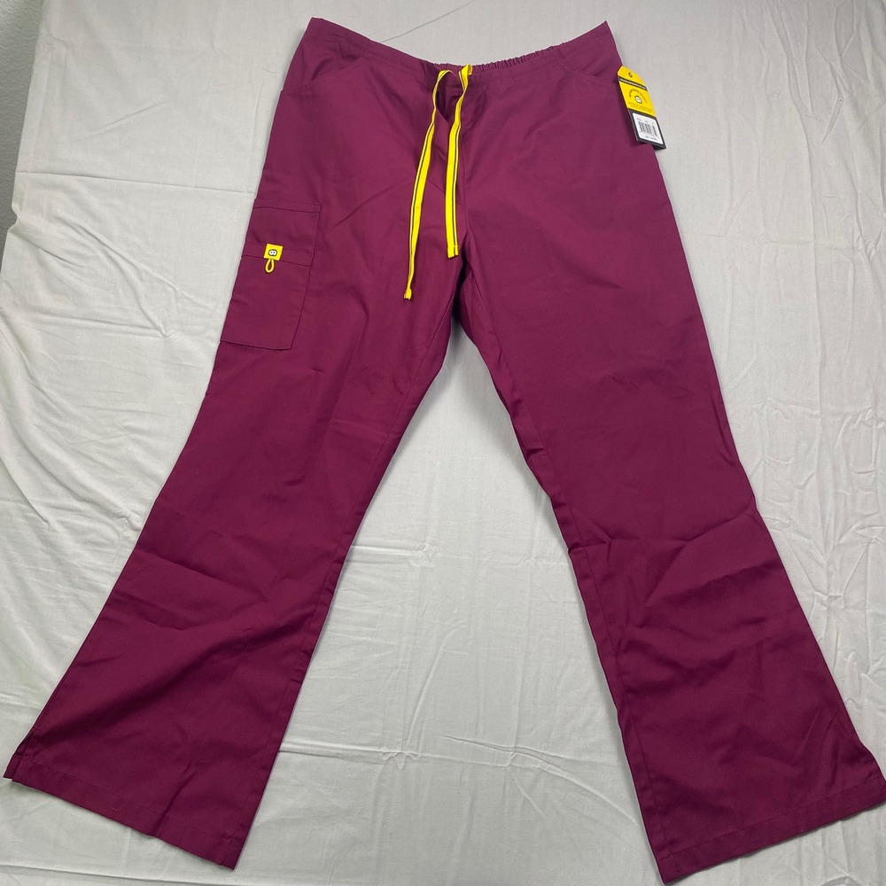 WonderWink Origins Scrub Pants Wine Burgundy XL Yellow Drawstring 5026A NWT